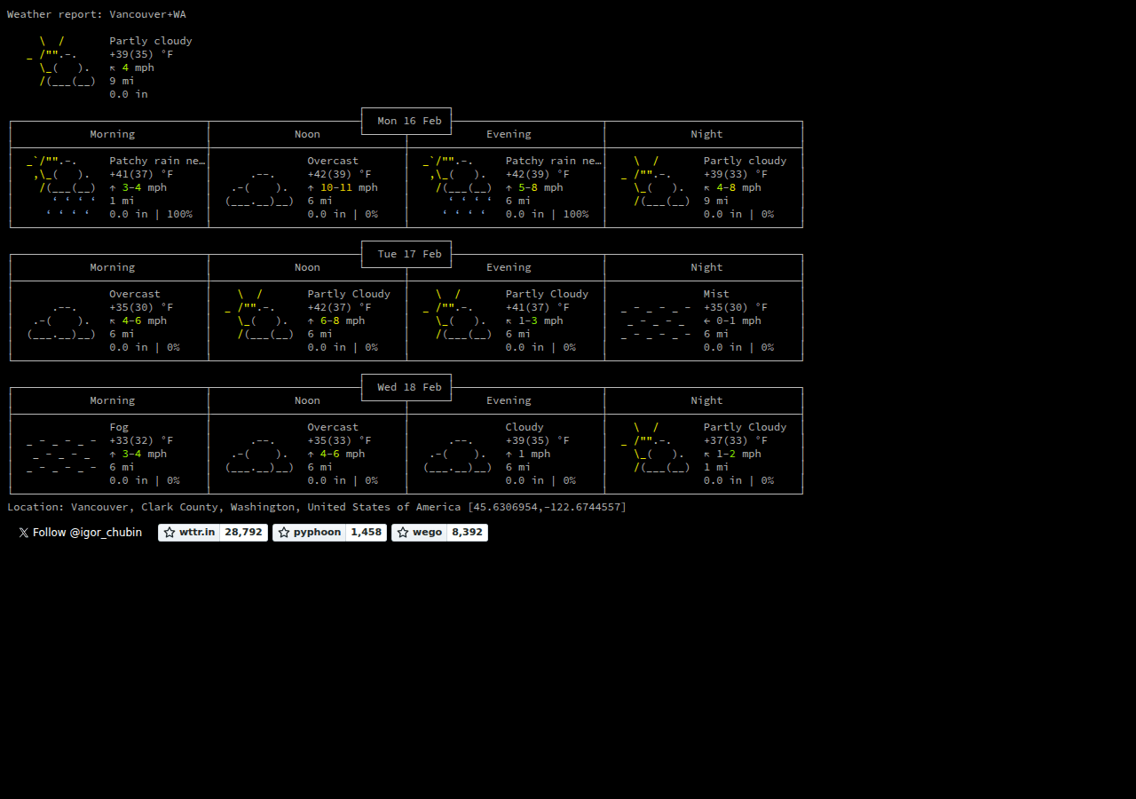 wttr.in weather service showing terminal-friendly weather output