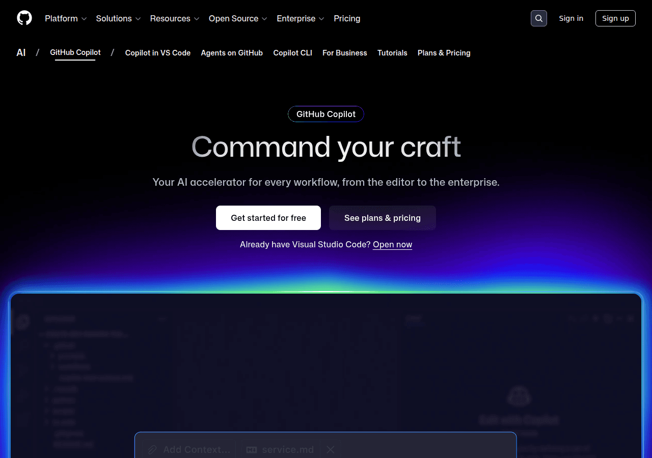 GitHub Copilot features page showing AI coding capabilities