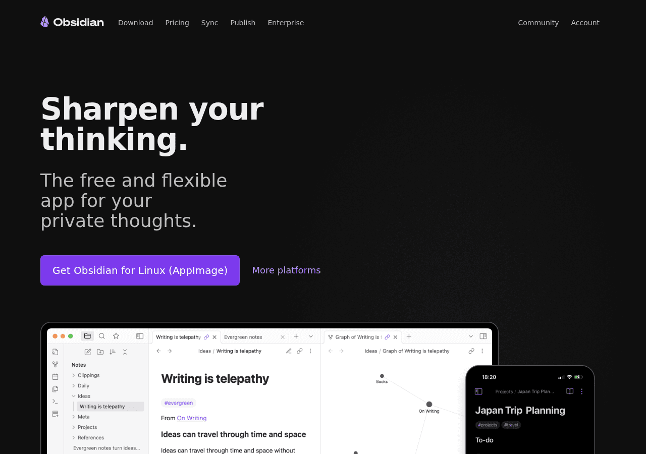 Obsidian note-taking app showing local markdown-based knowledge base