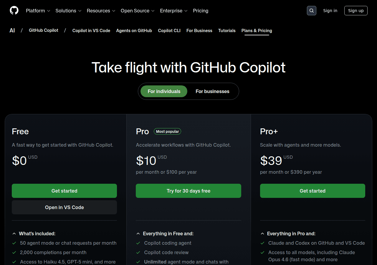 GitHub Copilot pricing plans page showing Free, Pro and Pro+ tiers